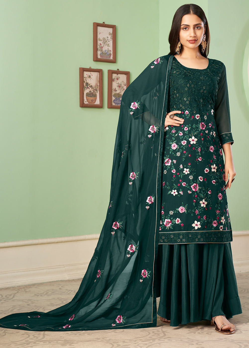 Sacramento Green Georgette Salwar Suit with Multi Colour Thread Embroidery & Sequence work - qivii