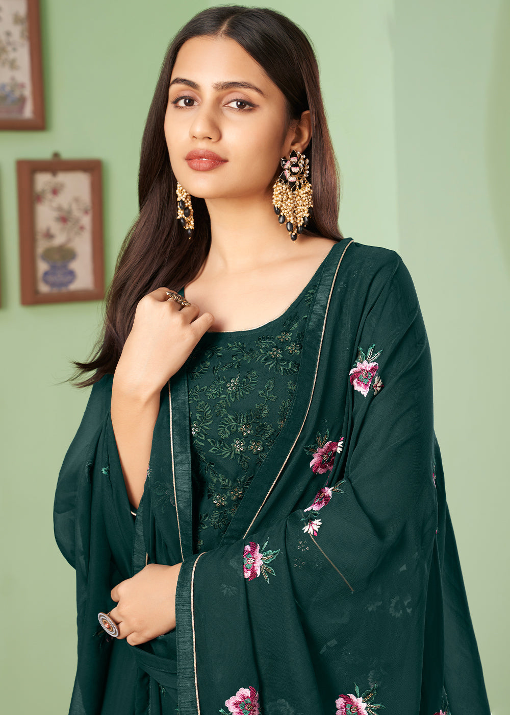 Sacramento Green Georgette Salwar Suit with Multi Colour Thread Embroidery & Sequence work - qivii