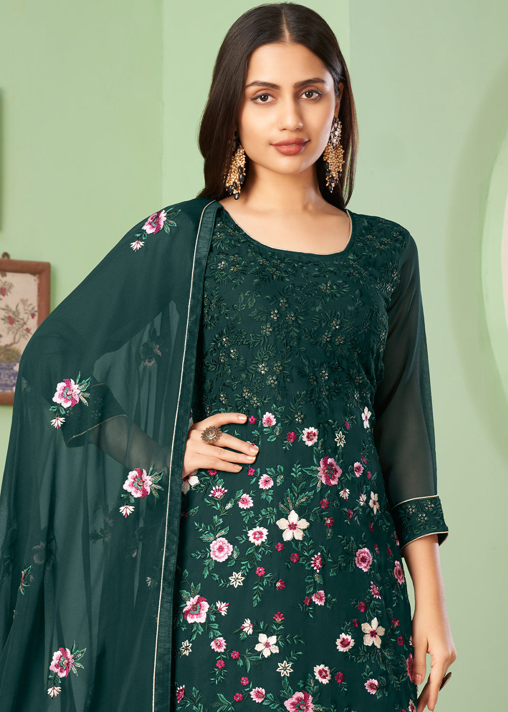 Sacramento Green Georgette Salwar Suit with Multi Colour Thread Embroidery & Sequence work - qivii