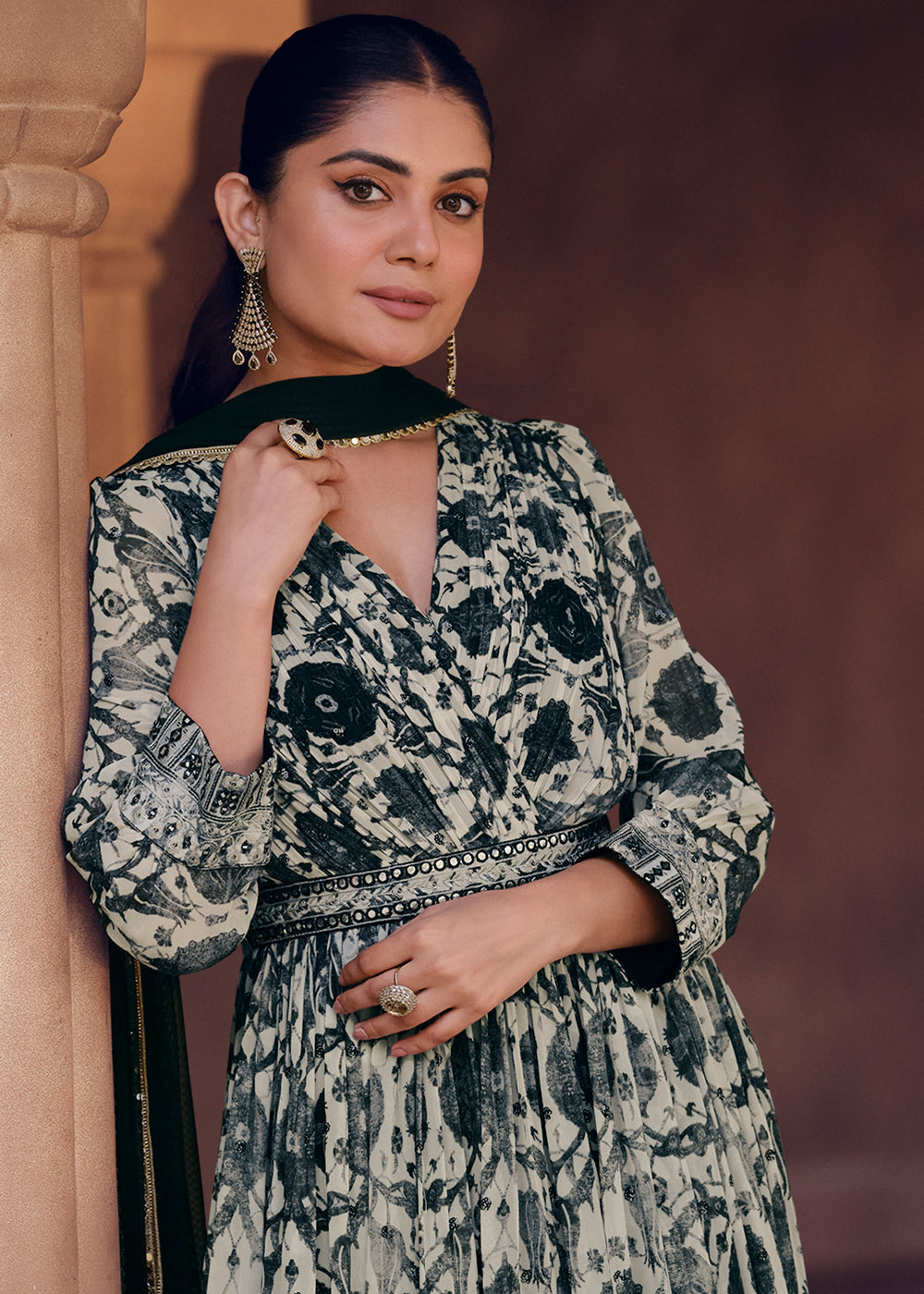 White & Black Floral Printed Georgette Anarkali Suit with Embroidery work - qivii