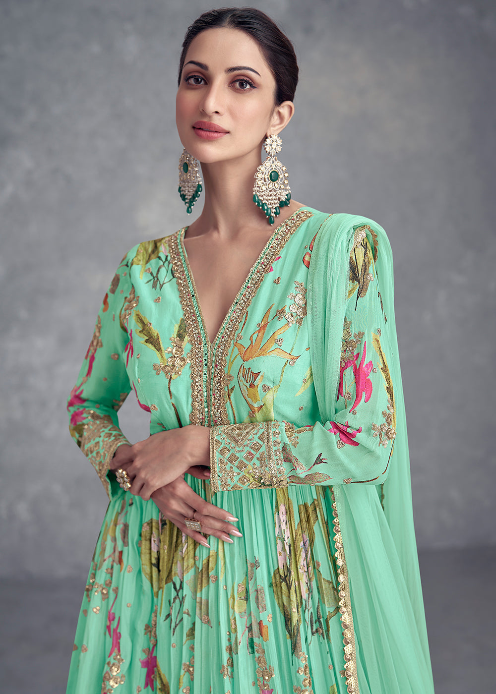 Blueish Green Digital Floral Printed Chinon Anarkali Suit with Embroidery work - qivii