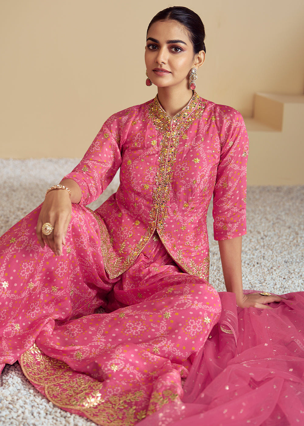 Brilliant Rose Pink Bandhani Printed Chinon Silk Plazzo Suit with Embroidery work - qivii