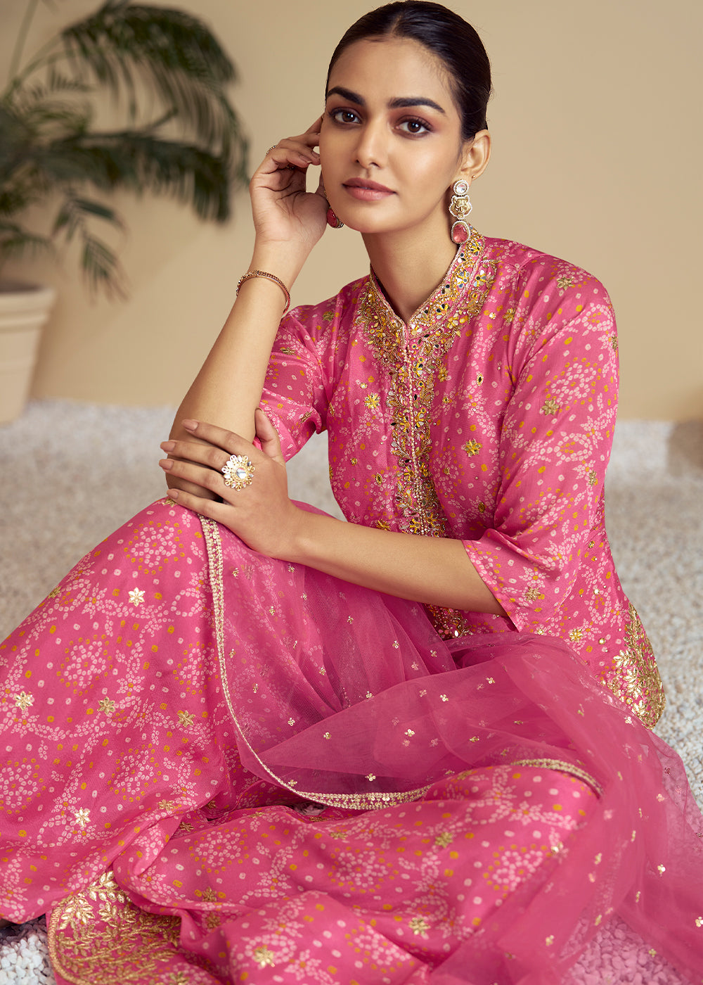 Brilliant Rose Pink Bandhani Printed Chinon Silk Plazzo Suit with Embroidery work - qivii