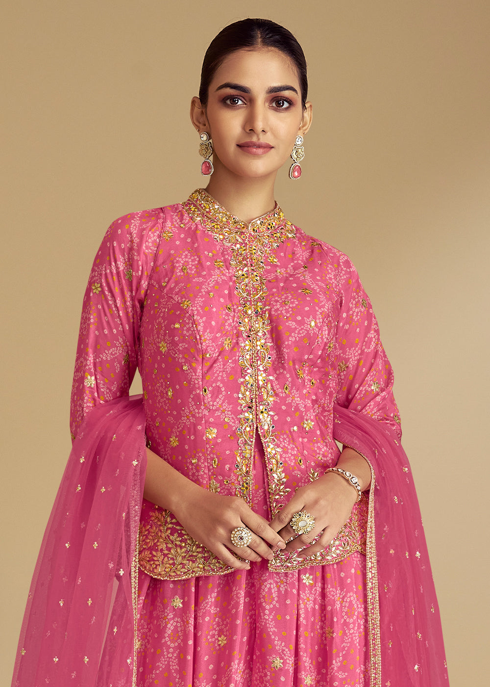 Brilliant Rose Pink Bandhani Printed Chinon Silk Plazzo Suit with Embroidery work - qivii