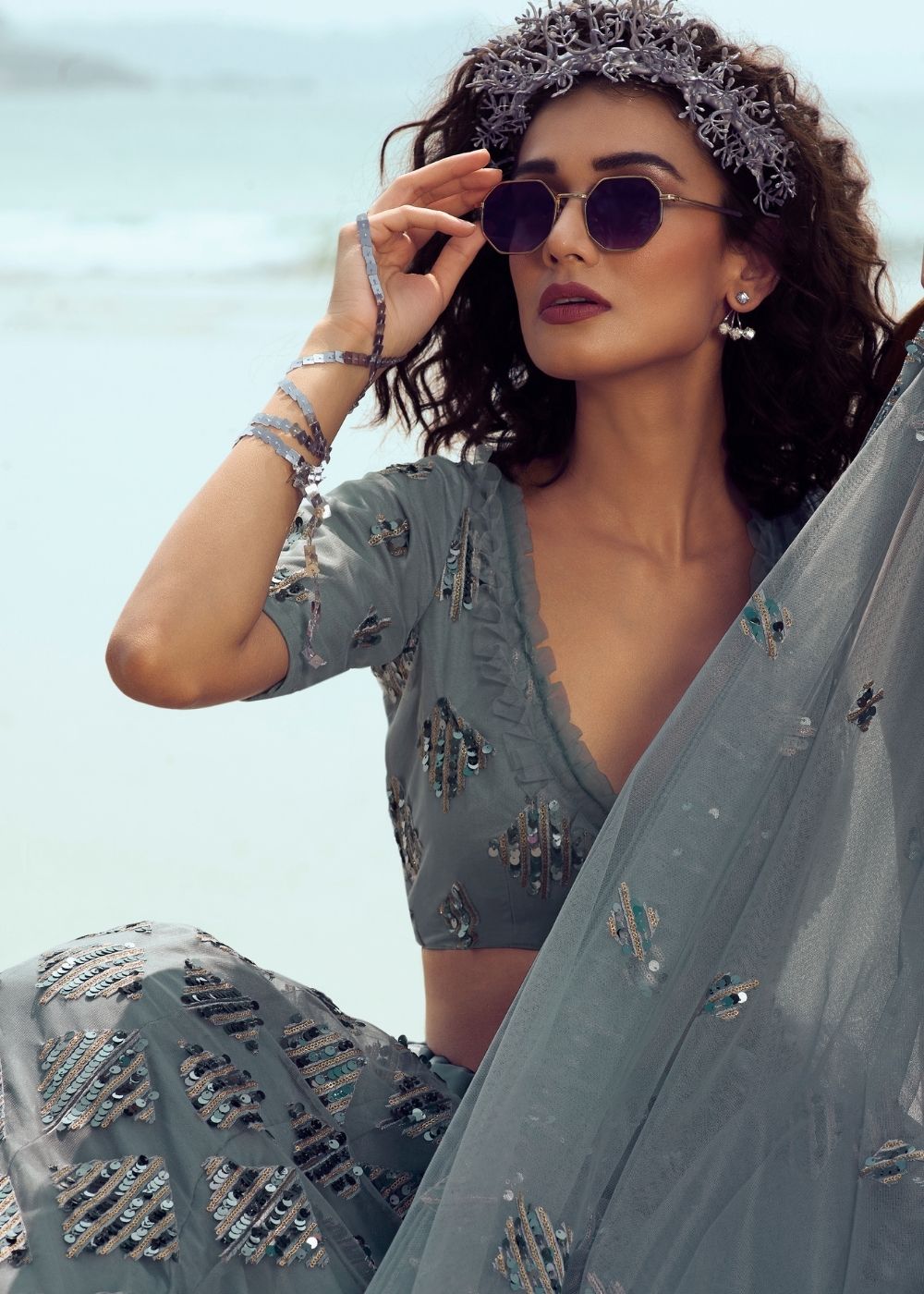 Anchor Grey Soft Net Designer Lehenga Choli with overall Sequins and Thread work(Pre-Order) | Ready To Wear - qivii
