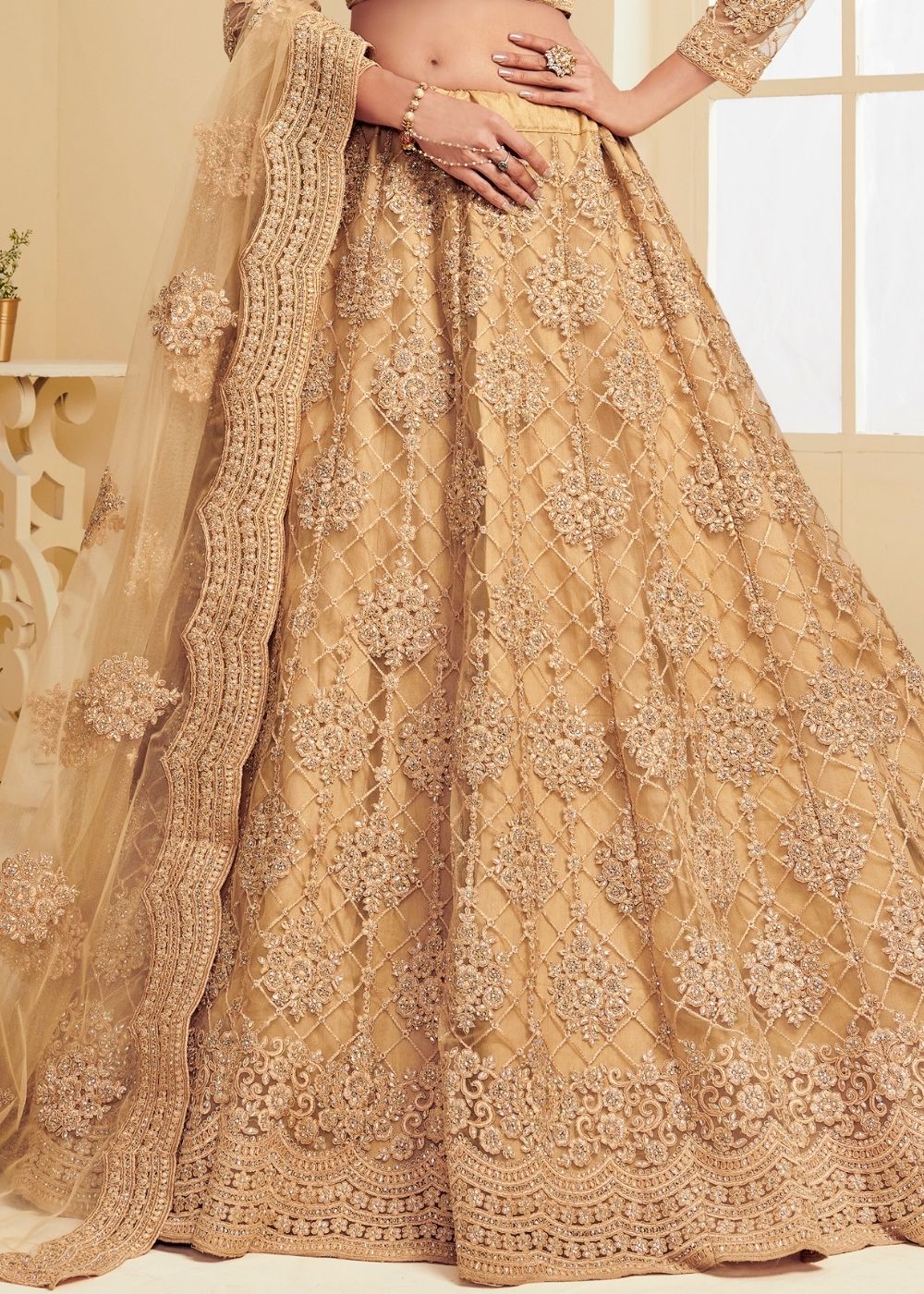 Bronze Brown Soft Net Lehenga Choli with Cording Embroidery & Stone work | Ready To Wear - qivii