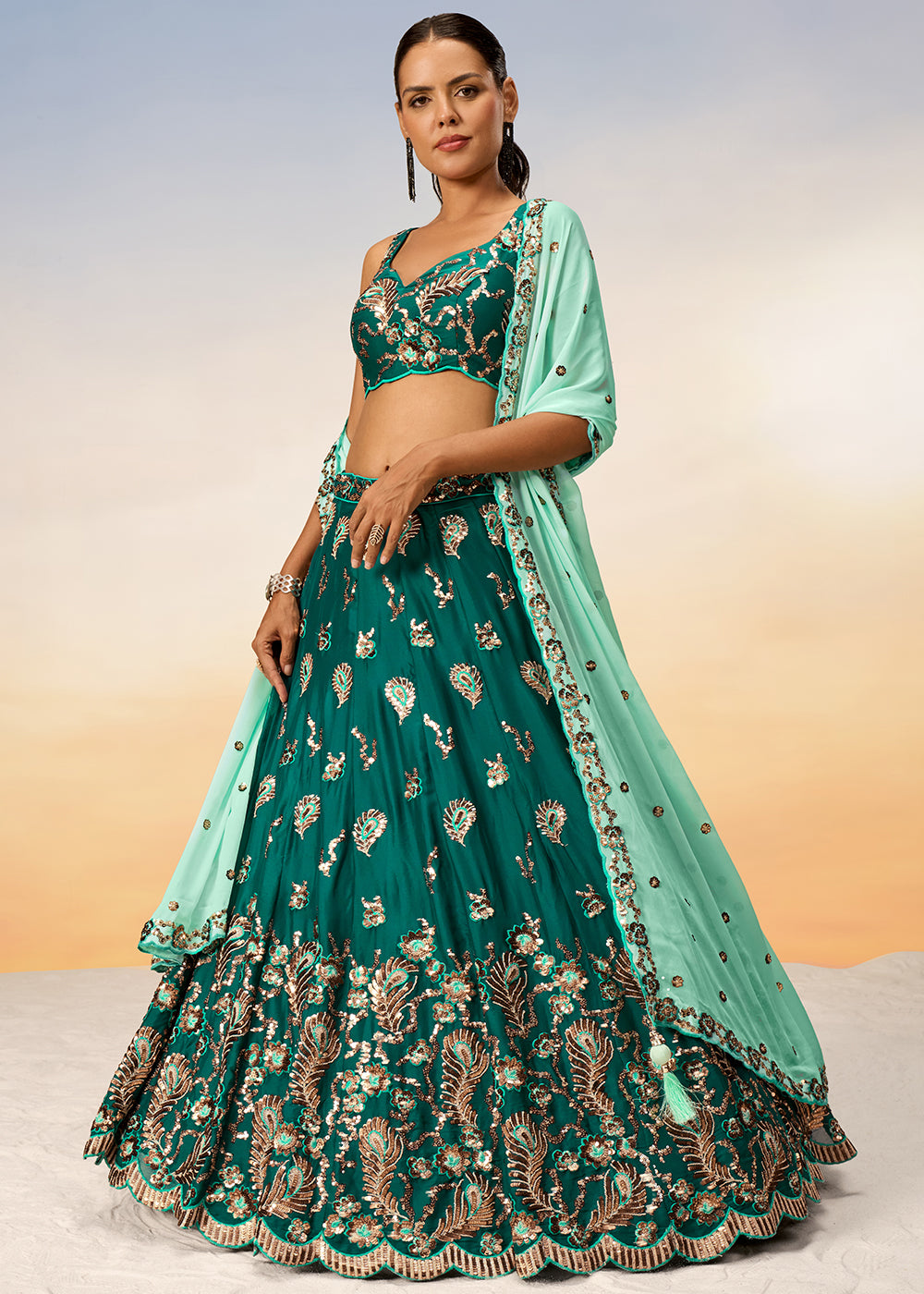 Cactus Green Georgette Lehenga Choli with Heavy Sequins Embroidery work | Ready To Wear - qivii