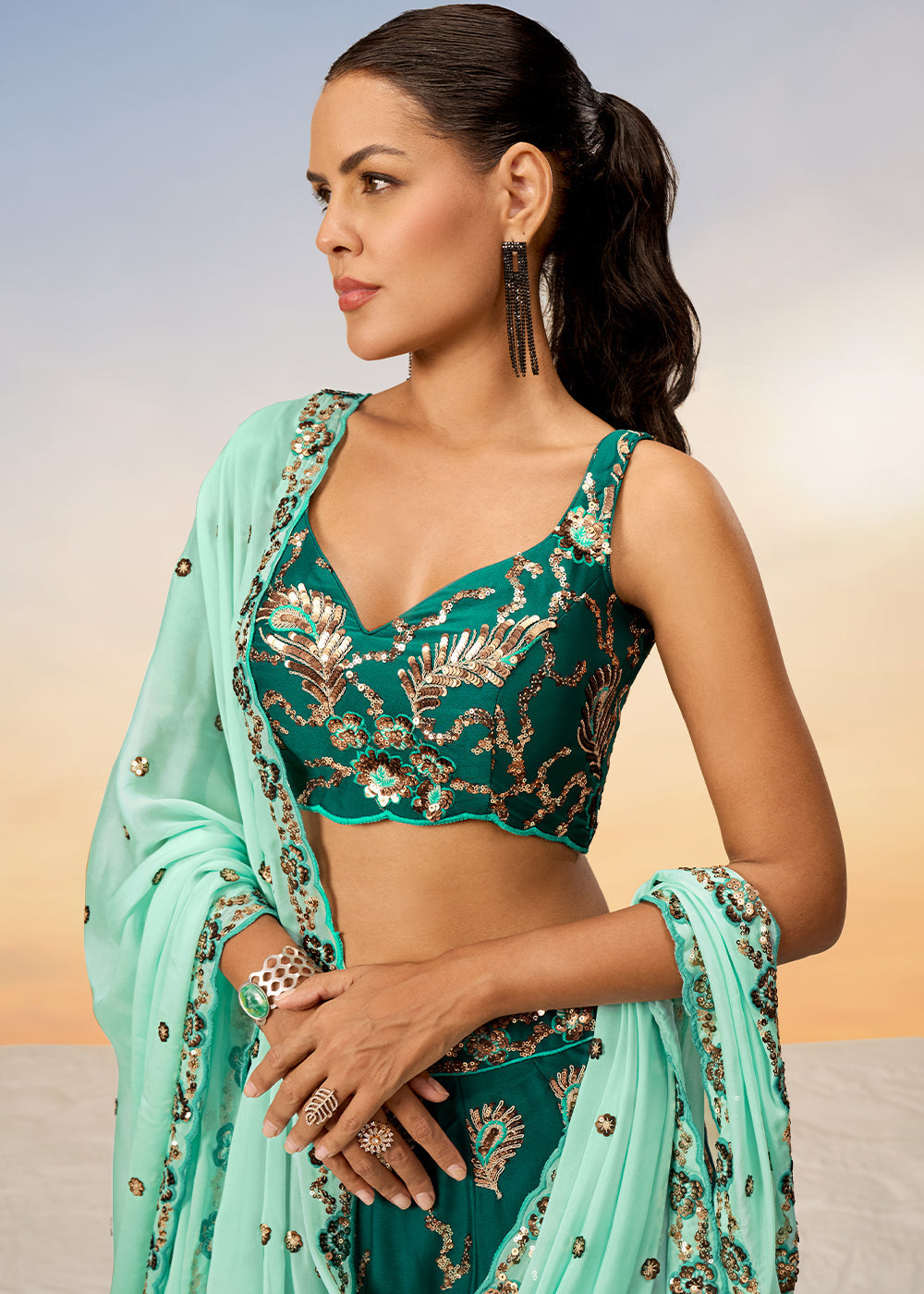 Cactus Green Georgette Lehenga Choli with Heavy Sequins Embroidery work | Ready To Wear - qivii