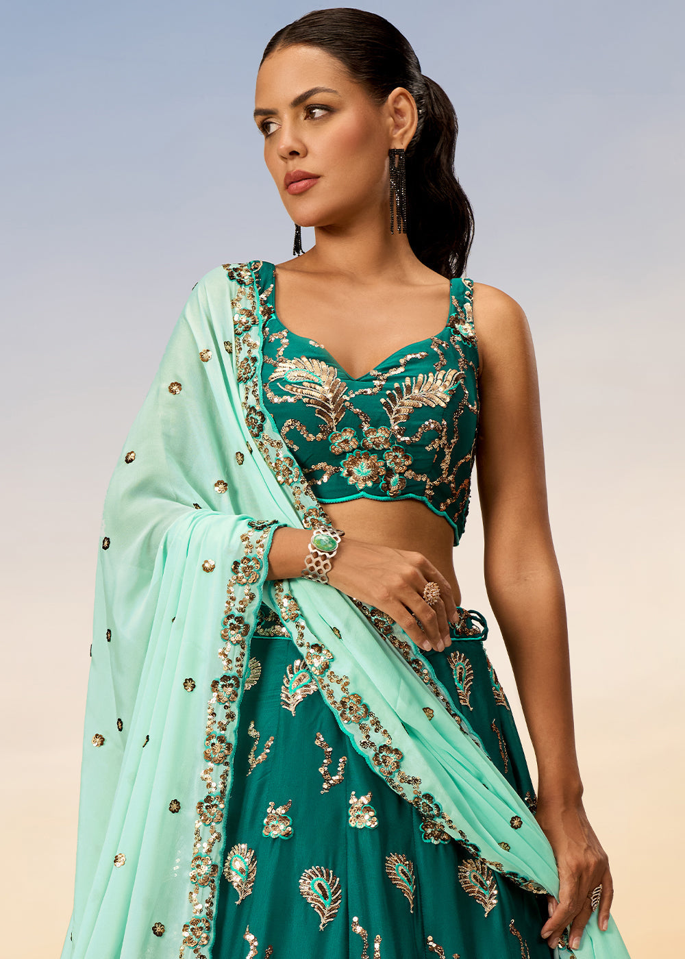 Cactus Green Georgette Lehenga Choli with Heavy Sequins Embroidery work | Ready To Wear - qivii
