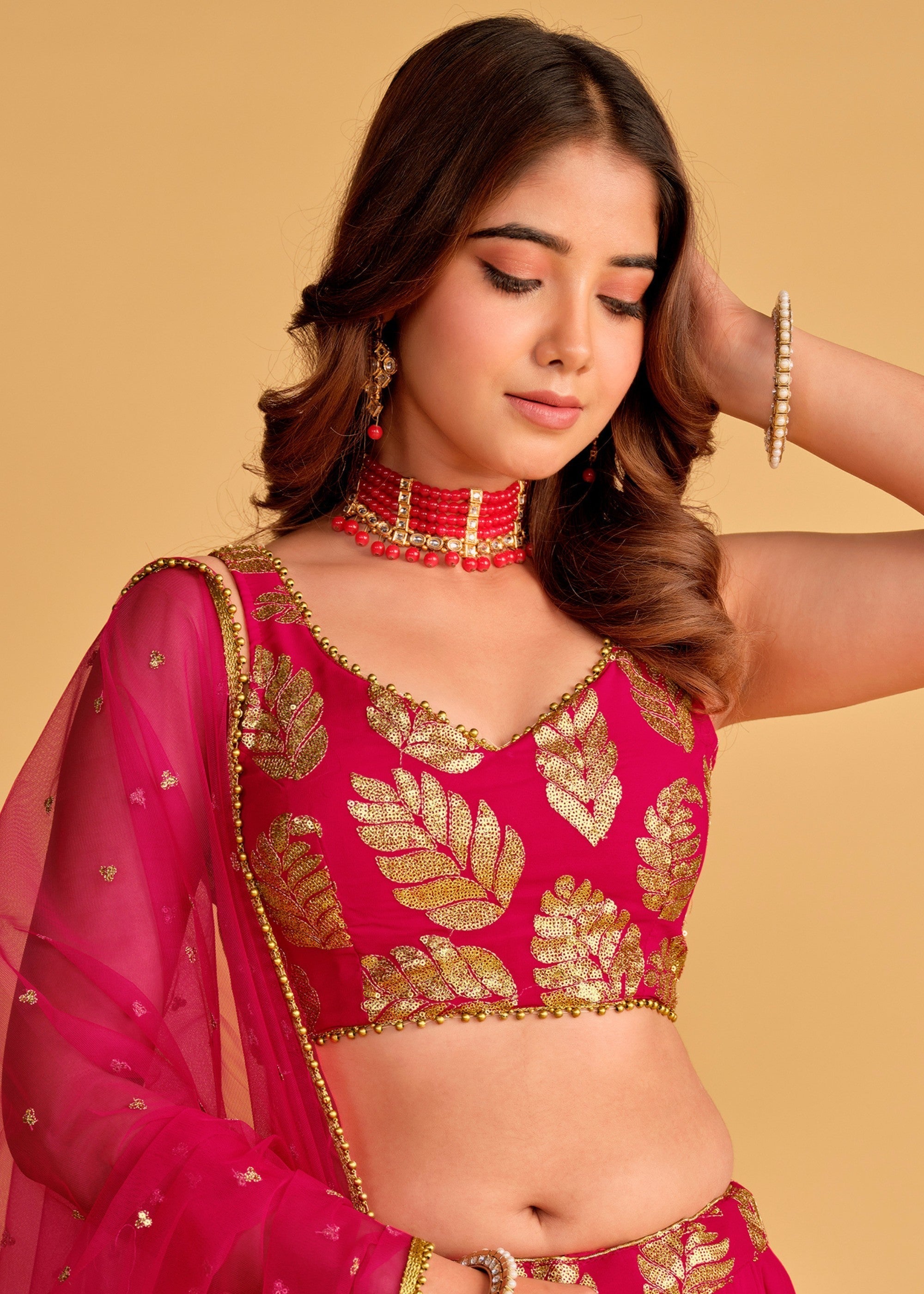Cerise Pink Georgette Lehenga Choli With Sequins Zari Embroidered Work | Ready To Wear - qivii