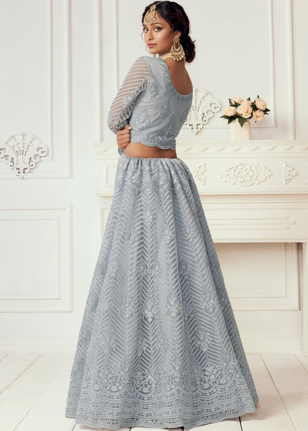 Coin Grey Soft Net Lehenga Choli with Cording Embroidery & Stonework | Ready To Wear - qivii