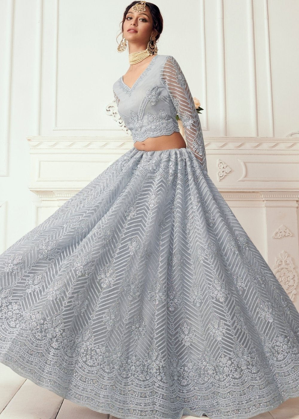 Coin Grey Soft Net Lehenga Choli with Cording Embroidery & Stonework | Ready To Wear - qivii