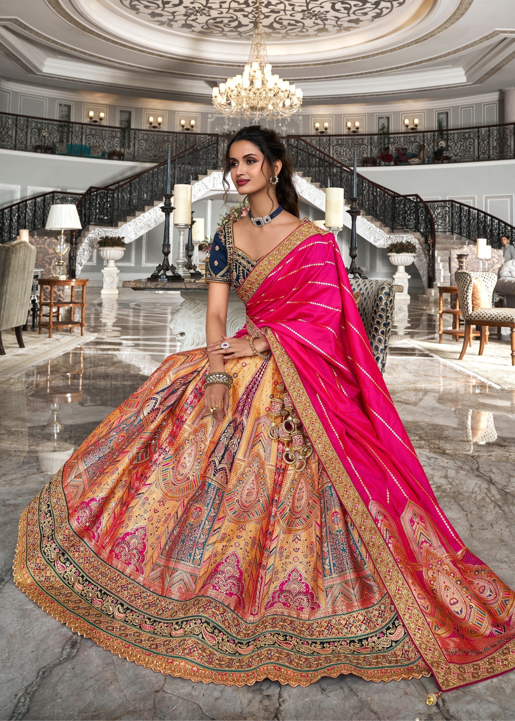 Dark Blue & Bright Pink Banarasi Silk Lehenga with Zarkan Codding work | Ready To Wear - qivii