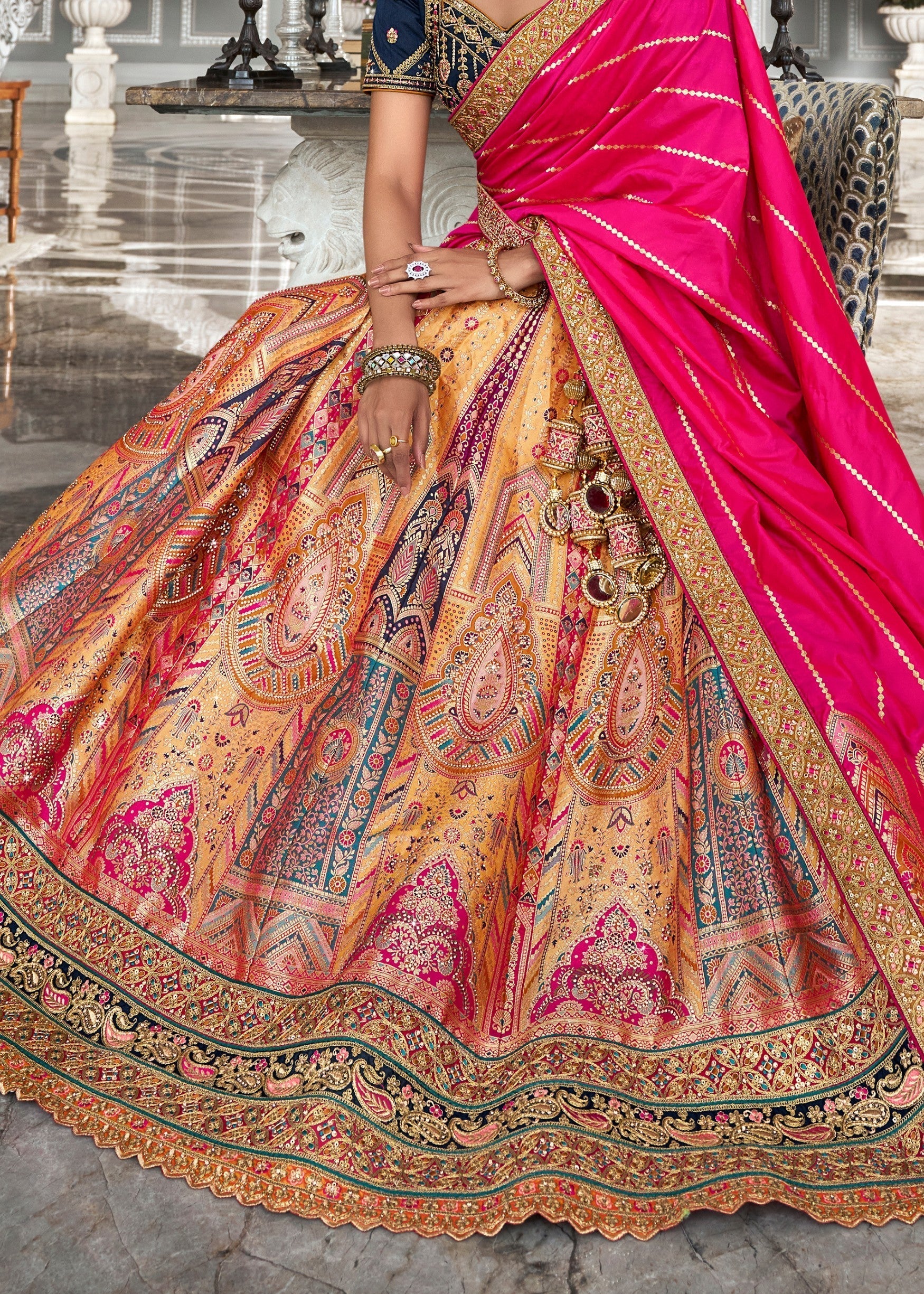 Dark Blue & Bright Pink Banarasi Silk Lehenga with Zarkan Codding work | Ready To Wear - qivii