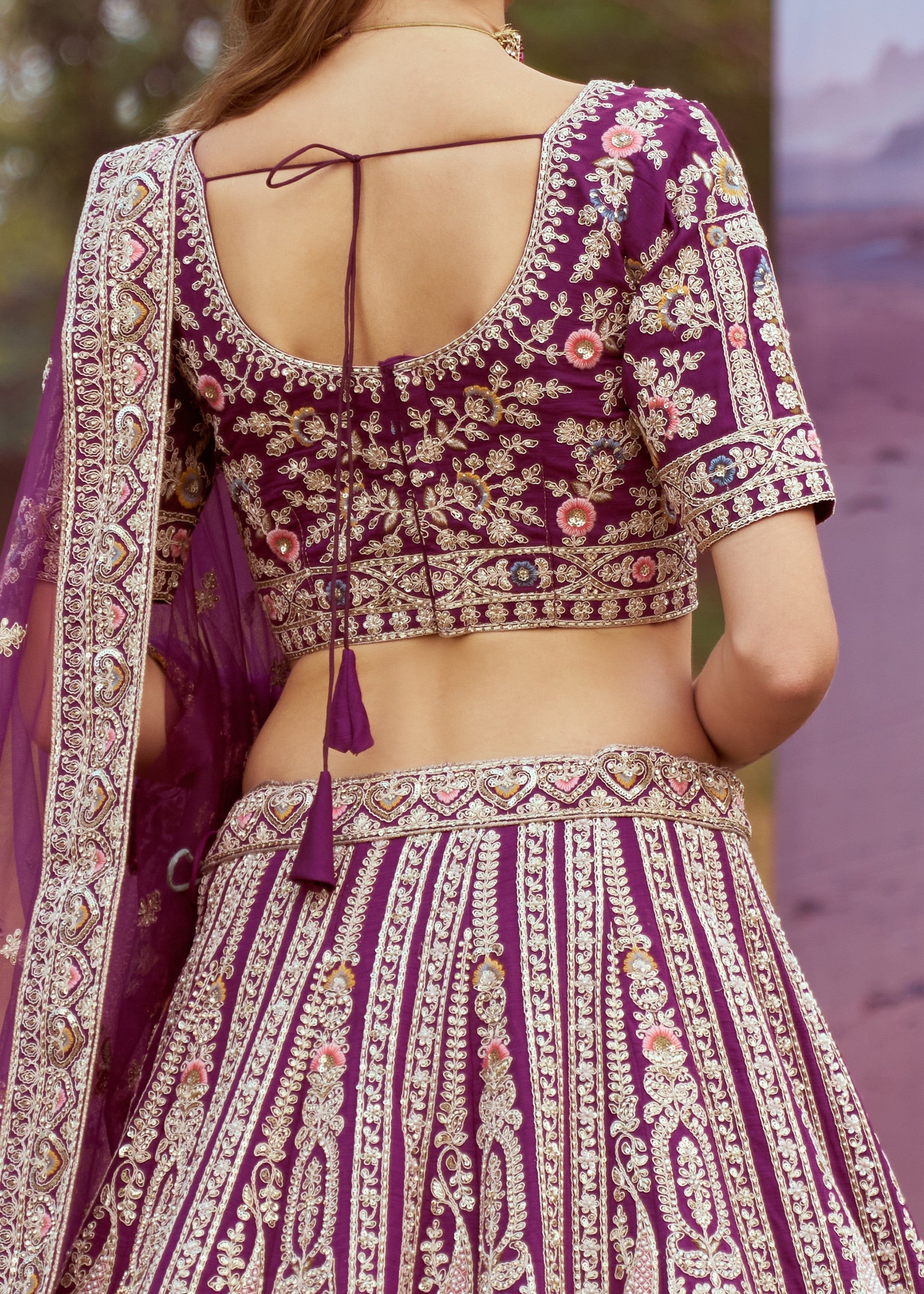 Dark Purple Pure silk Moti, Coding embroidery Bridal Lehenga | Ready To Wear - qivii