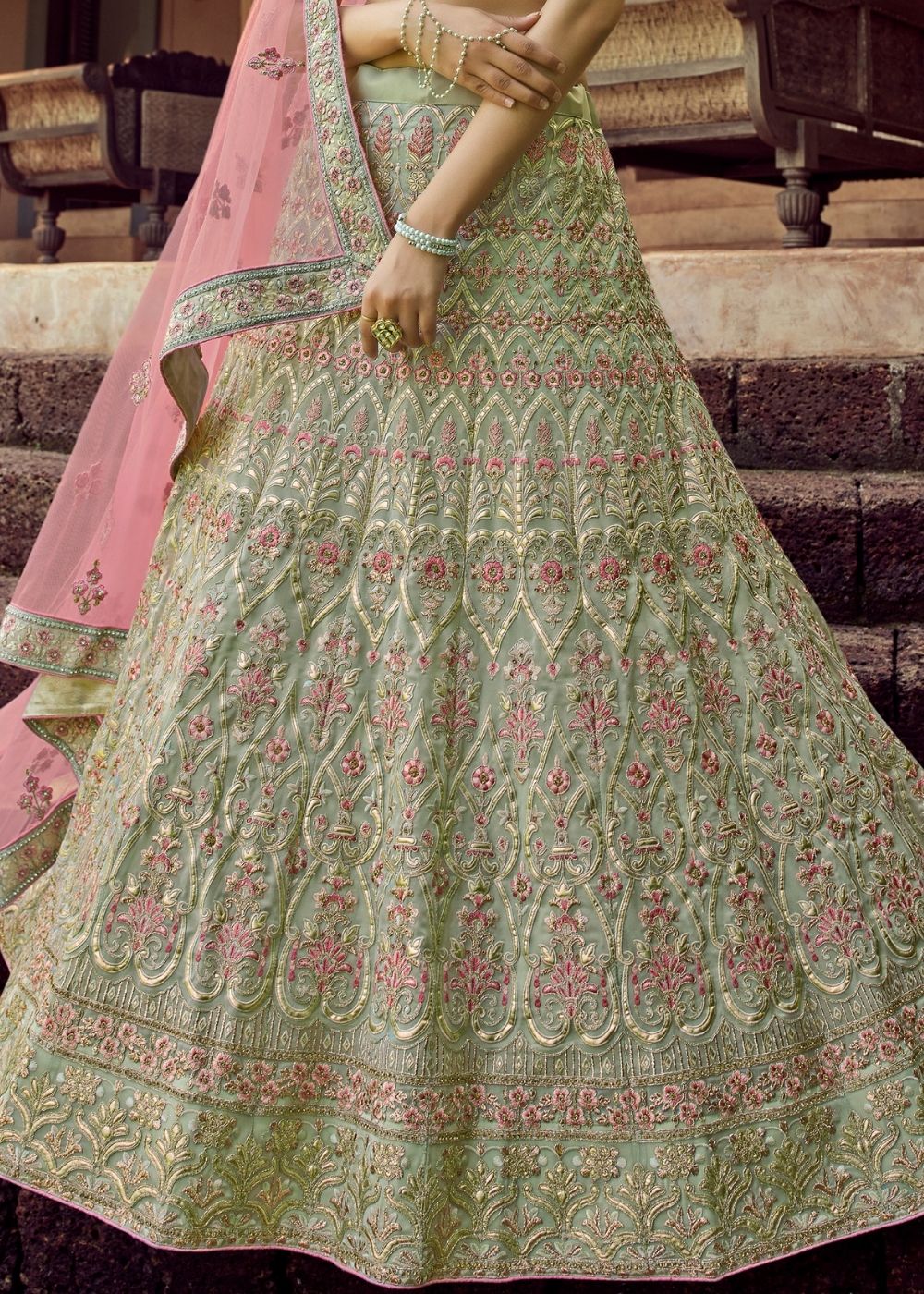 Fern Green Georgette Lehenga Choli with Resham & Gota work | Ready To Wear - qivii