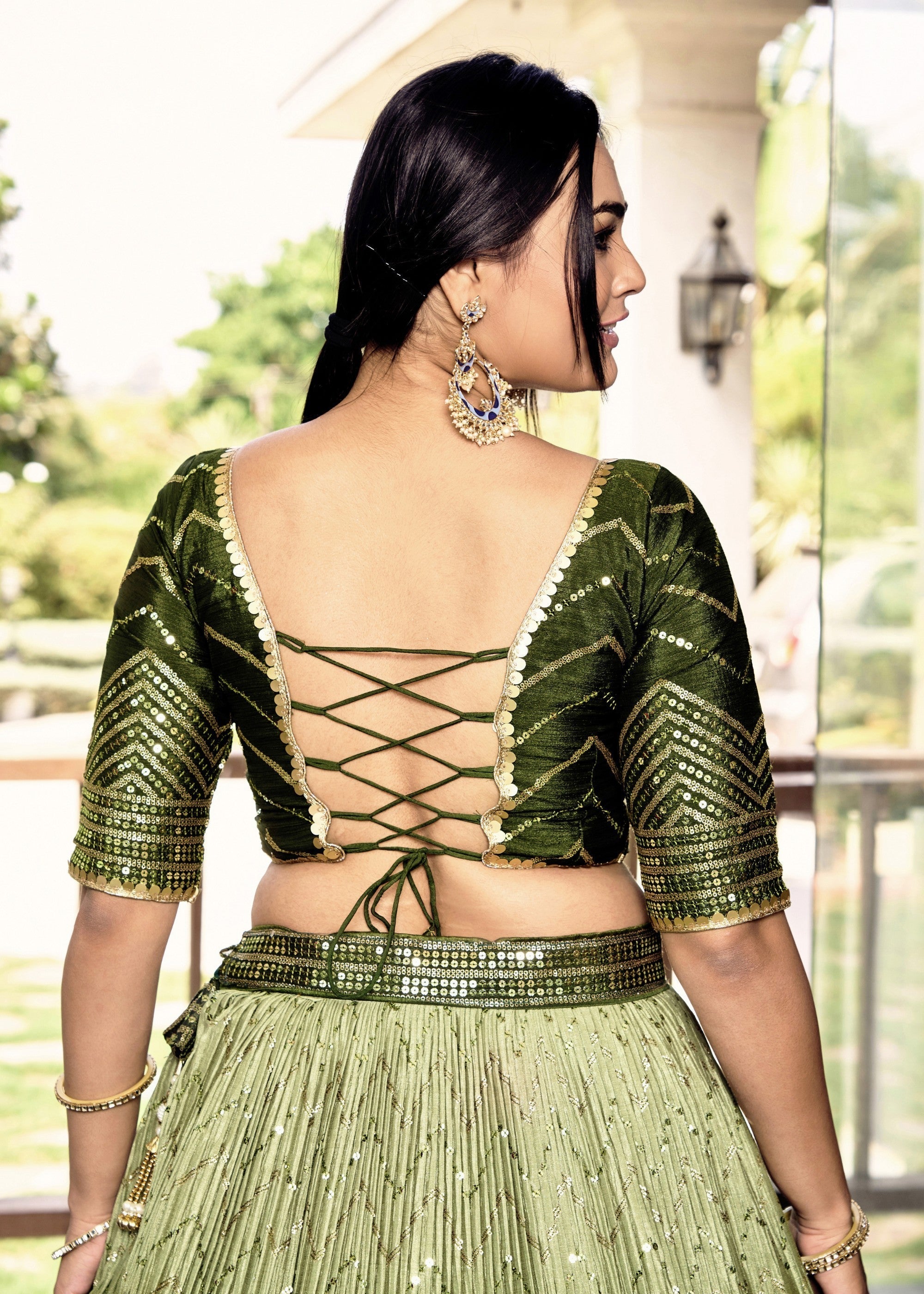 Mehendi Green Chinon Silk Lehenga With Sequence and Thread Embroidery Work | Ready To Wear - qivii
