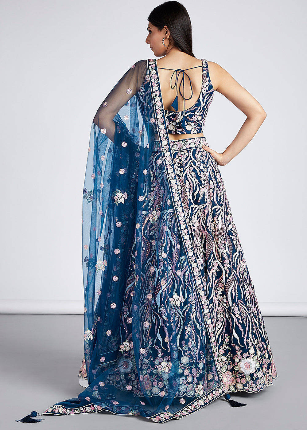 Navy Blue Net Lehenga Choli With Sequins & Thread Embroidery Work | Ready To Wear - qivii