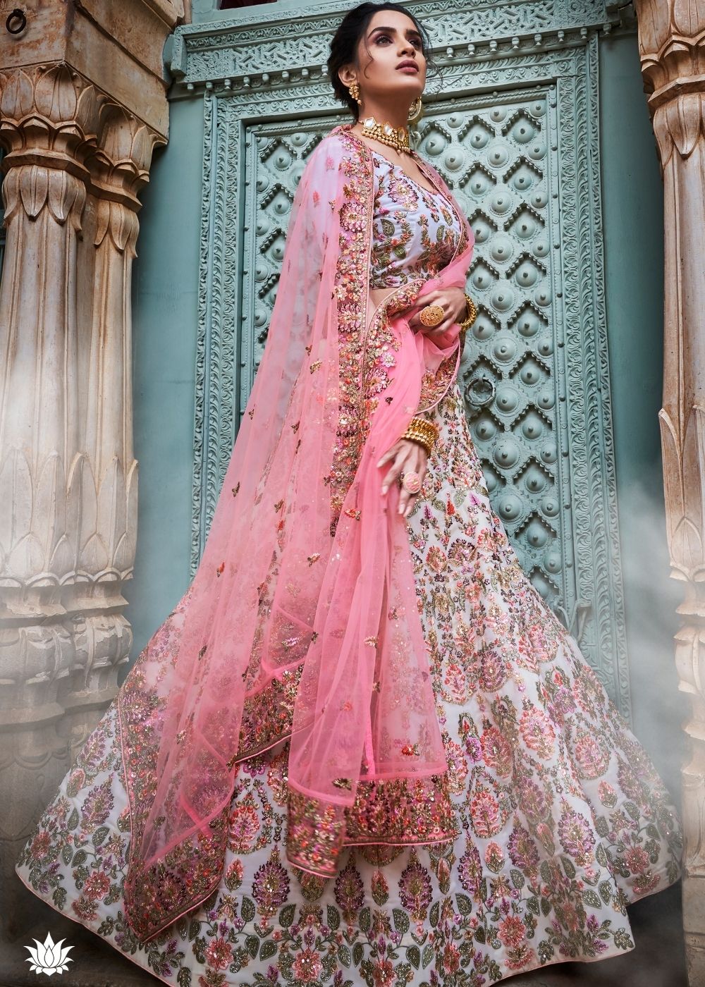 Off White Georgette Lehenga Choli with Thread, Sequins, Zari and Zarkan work | Ready To Wear - qivii