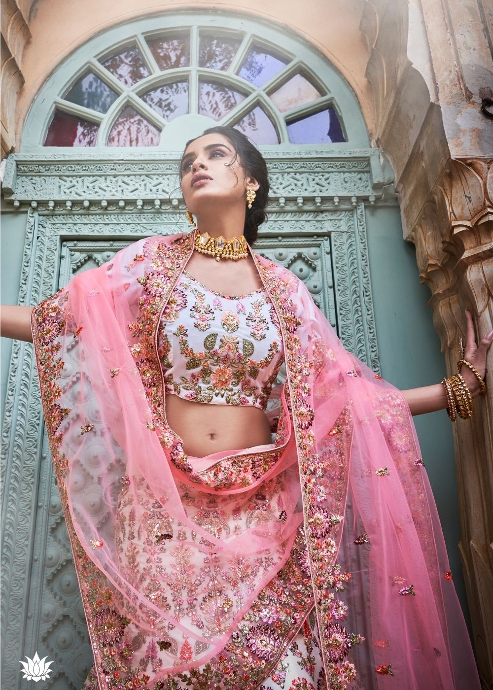 Off White Georgette Lehenga Choli with Thread, Sequins, Zari and Zarkan work | Ready To Wear - qivii