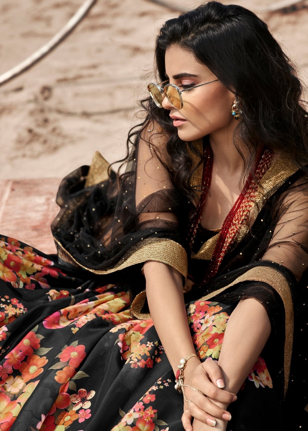 Onyx Black Designer Printed Organza Lehenga with Soft Net Dupatta | Ready To Wear - qivii
