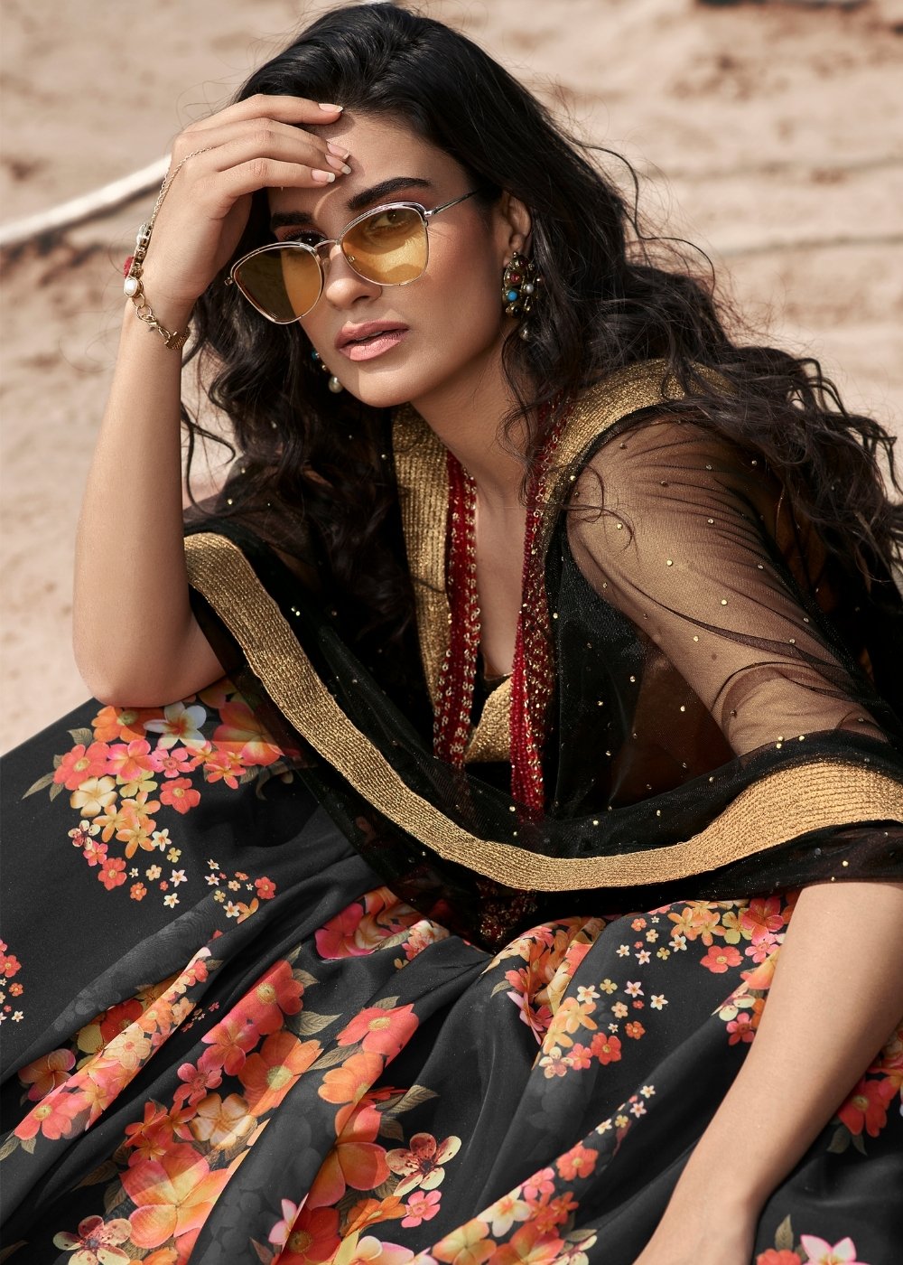 Onyx Black Designer Printed Organza Lehenga with Soft Net Dupatta | Ready To Wear - qivii