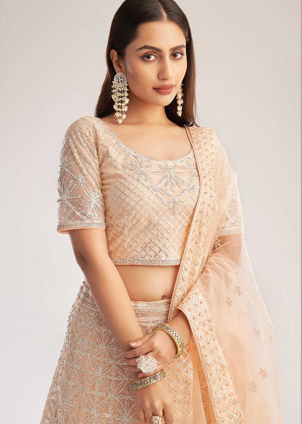 Pastel Salmon Pink Net Lehenga Choli with Gota and Zarkan work | Ready To Wear - qivii