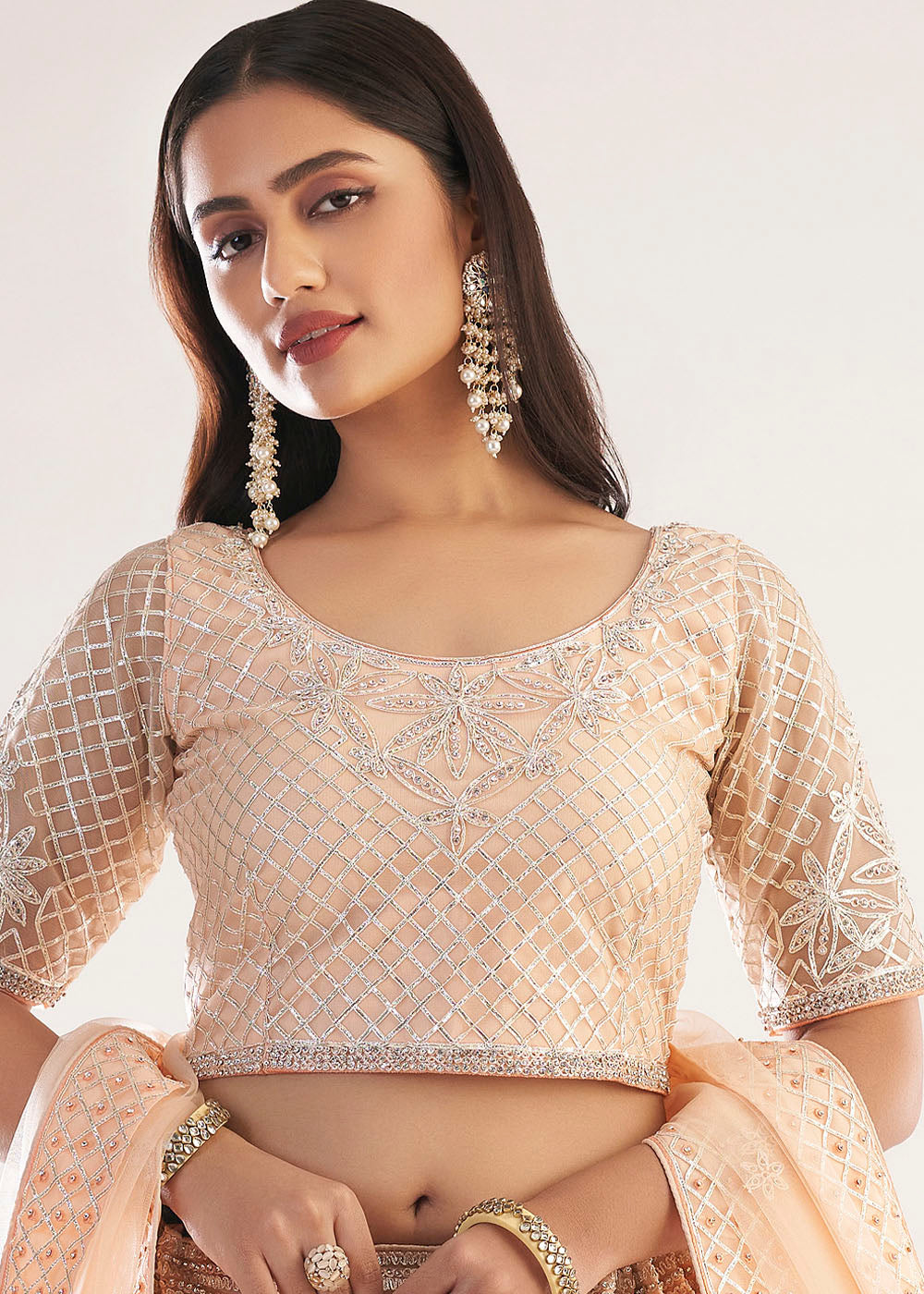 Pastel Salmon Pink Net Lehenga Choli with Gota and Zarkan work | Ready To Wear - qivii
