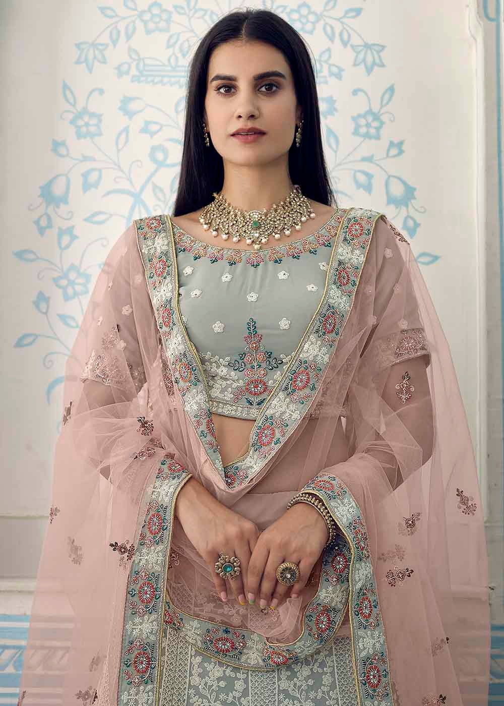 Pewter Grey Georgette Lehenga Choli with Zari,Thread & Zarkan work | Ready To Wear - qivii