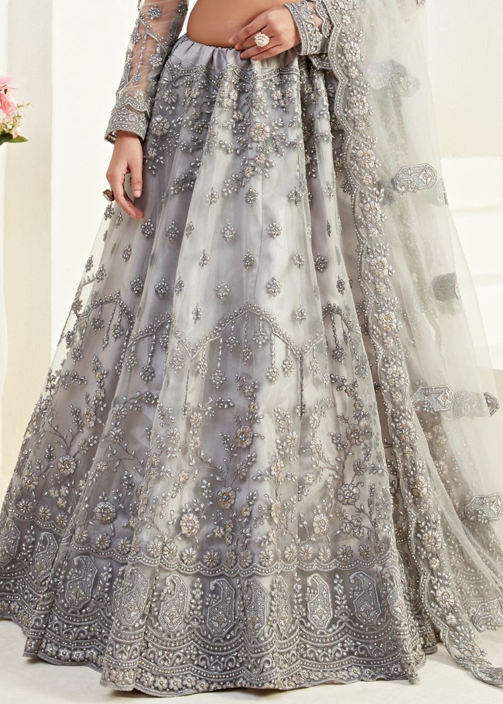 Pewter Grey Soft Net Lehenga Choli with Coding, Thread, Stonework & Badla Embroidery(Pre-order) | Ready To Wear - qivii