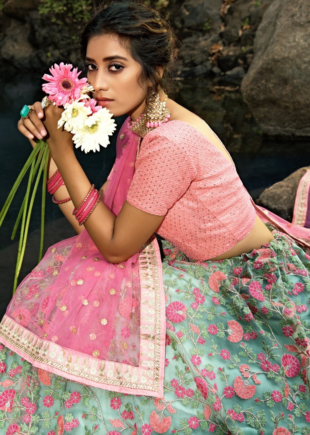 Pista Green & Pink Designer Soft Net Lehenga Choli with Sequins, Thread & Zari work | Ready To Wear - qivii