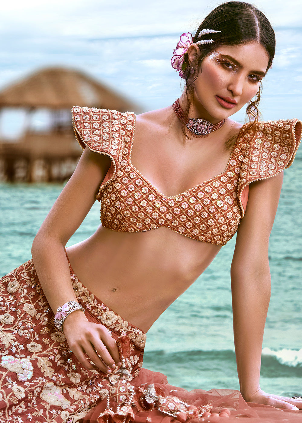 Rose Gold Georgette Lehenga Choli With Sequins & Zarkan Embroidery Work | Ready To Wear - qivii