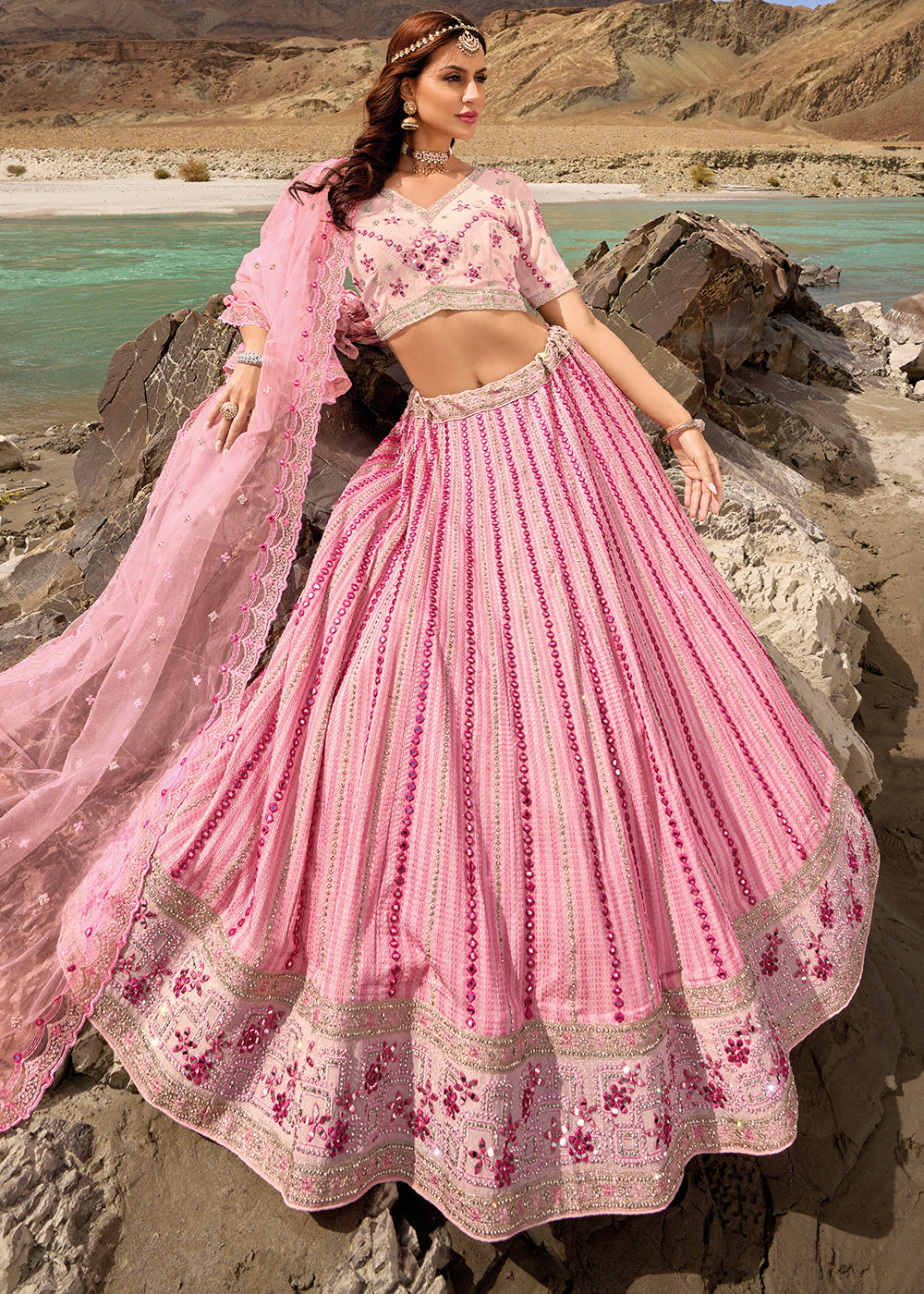 Rose Pink Georgette lehenga Choli with Mirror,Zarkan & Cutwork | Ready To Wear - qivii