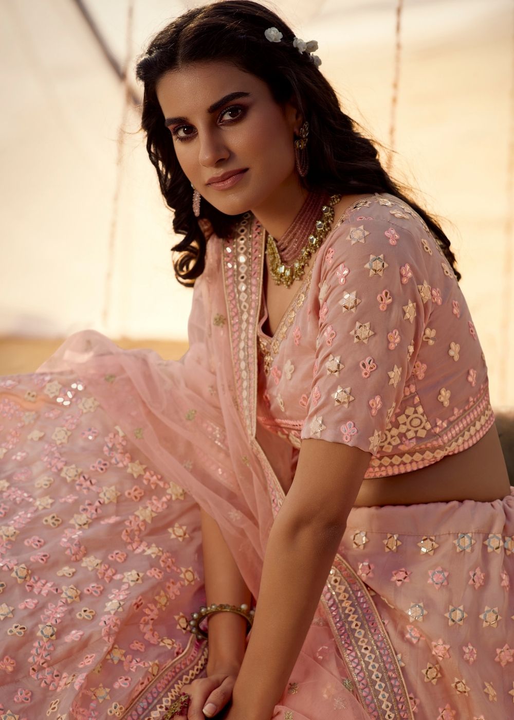 Salmon Pink Organza Lehenga Choli with Thread, Foli and Mirror work (Pre-Order) | Ready To Wear - qivii