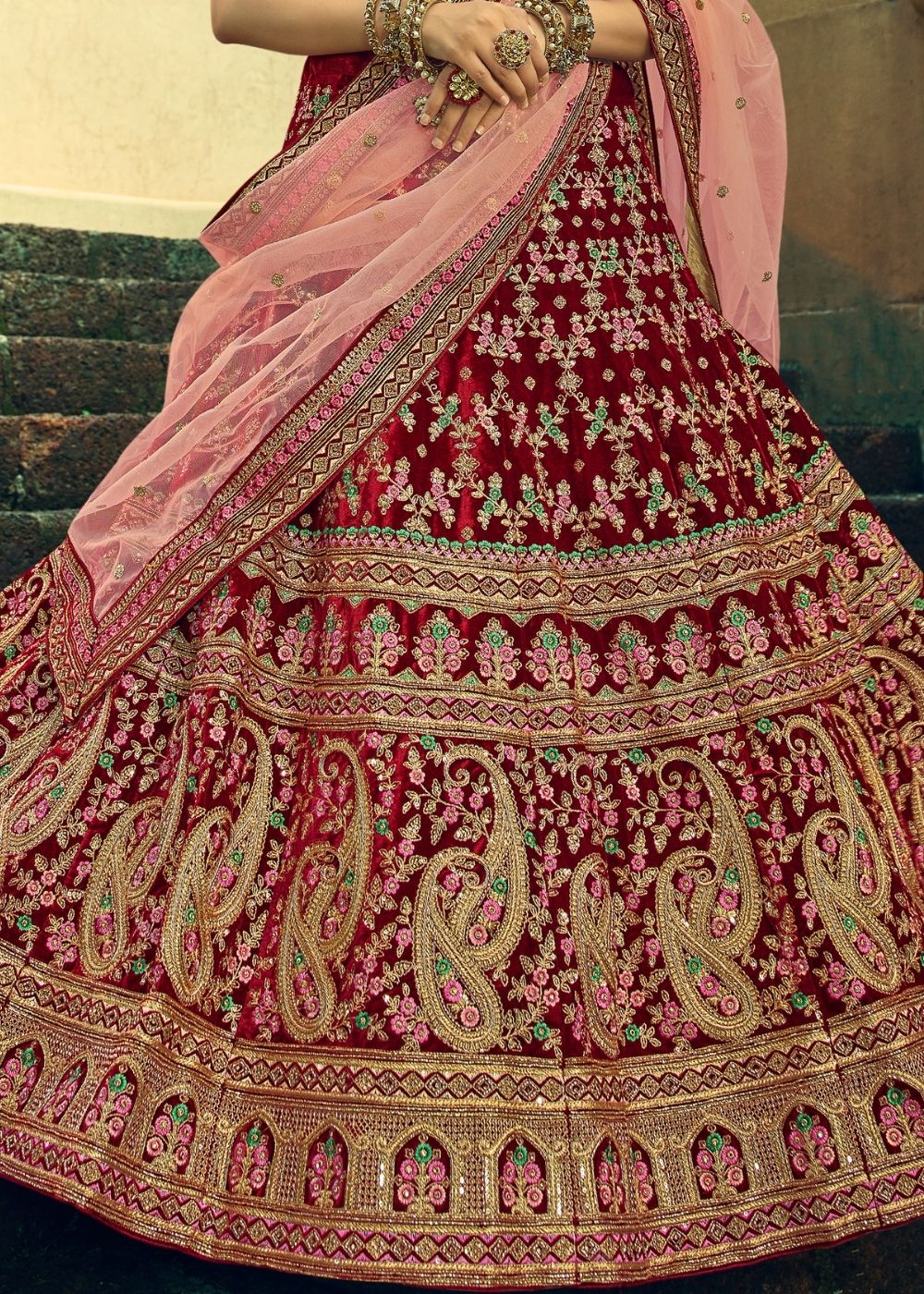 Sangria Red Bridal Velvet Lehenga Choli with Embroidery & Hand work | Ready To Wear - qivii