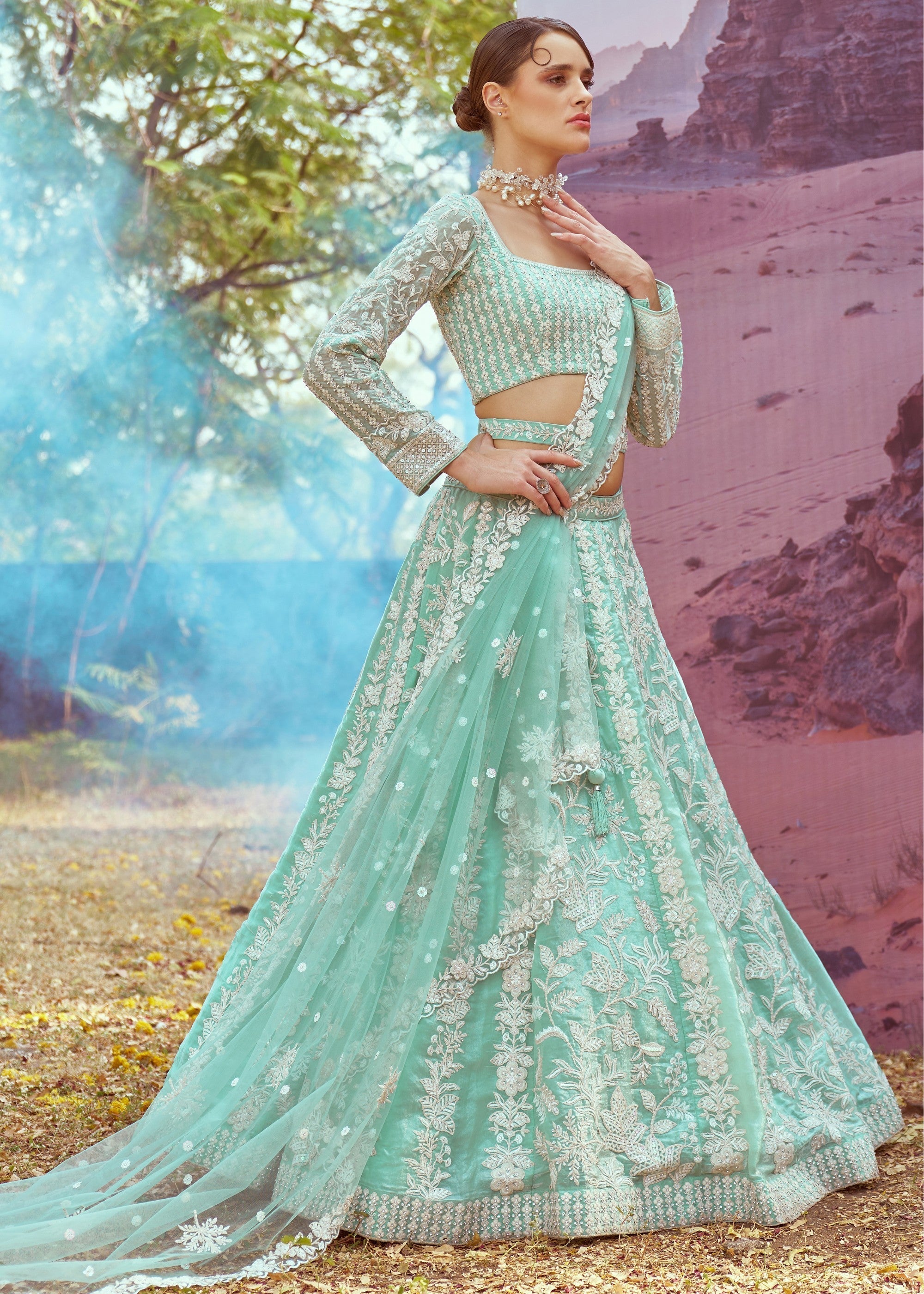 Sea green Organza Sequins embroidery Lehenga | Ready To Wear - qivii