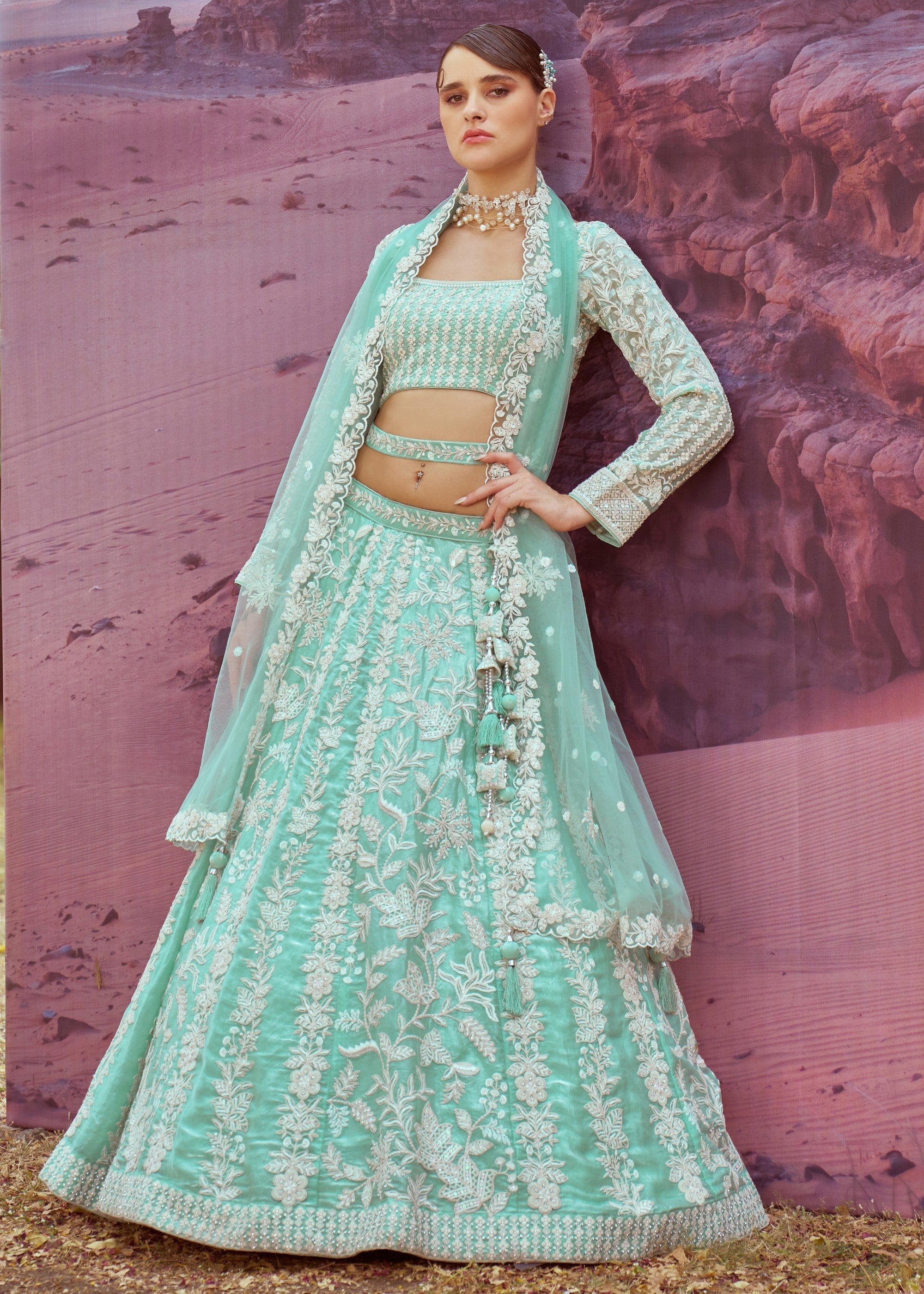 Sea green Organza Sequins embroidery Lehenga | Ready To Wear - qivii