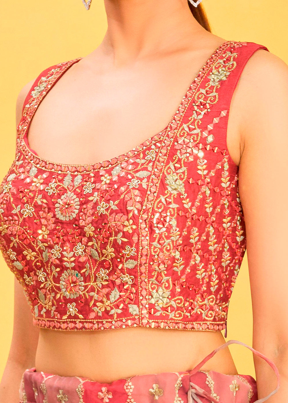 Shades Of Red Digital Printed Organza Lehenga with Thread,Zari & Sequins Work | Ready To Wear - qivii