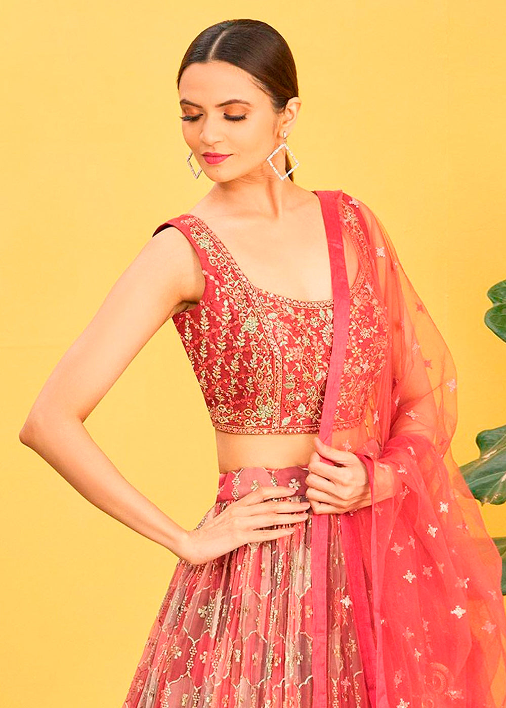 Shades Of Red Digital Printed Organza Lehenga with Thread,Zari & Sequins Work | Ready To Wear - qivii