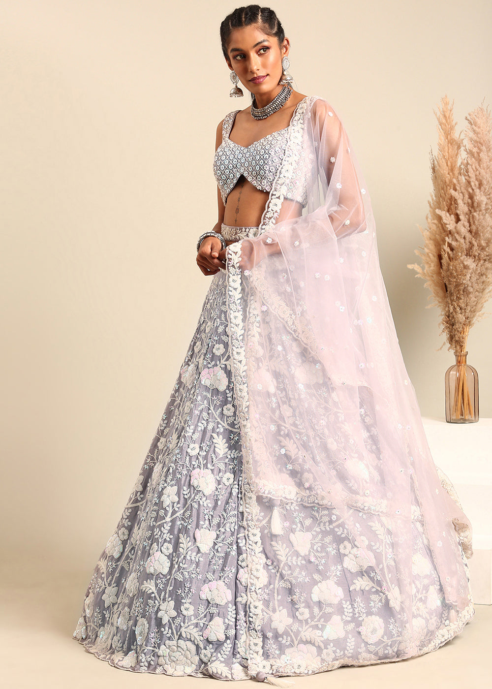 Silver Mauve Purple Georgette lehenga Choli with Sequins & Zarkan Embroidery | Ready To Wear - qivii