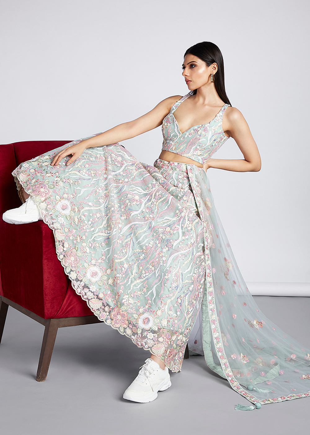 Tea Green Net Lehenga Choli With Sequins & Thread Embroidery Work | Ready To Wear - qivii