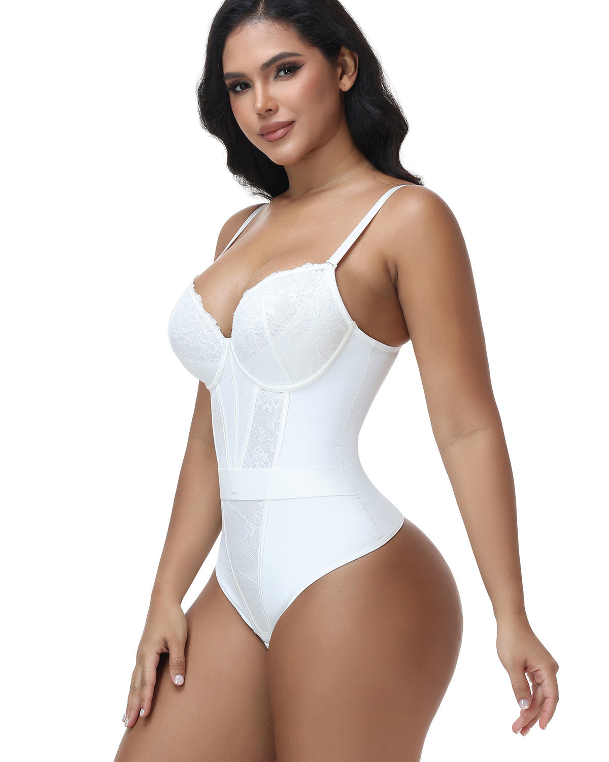 V Neck Lace Thong Bodysuit Adjustable Straps Waist Cinching Shapewear