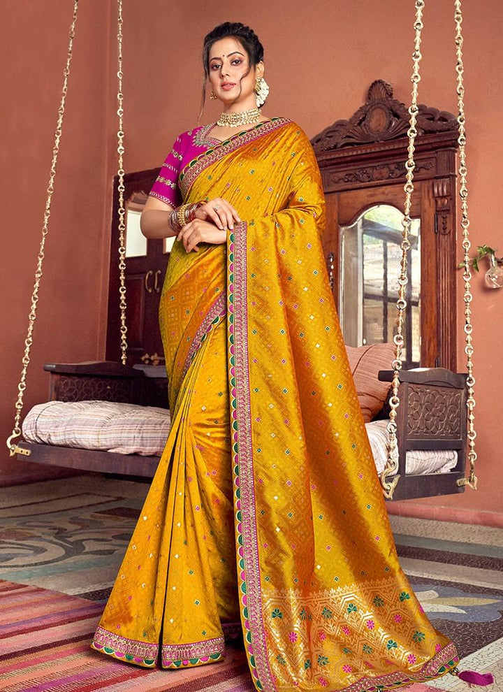 Exquisite Double Blouse Concept Embroidery Work Mustard Color Saree  - By Kreeva