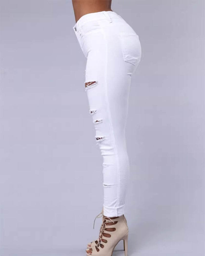High-waist Stretch Ripped Skinny Jeans  - By Qivii
