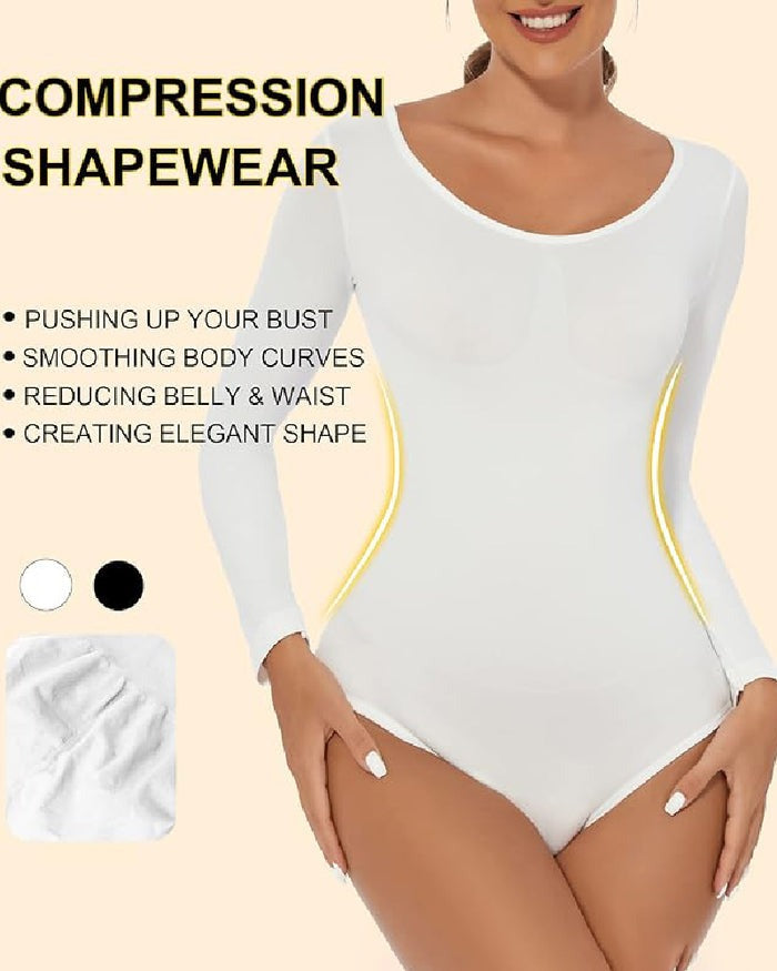 Seamless Crew Neck Long Sleeve Corset Bodysuit Tops Stretch Triangle Jumpsuit  - By Qivii