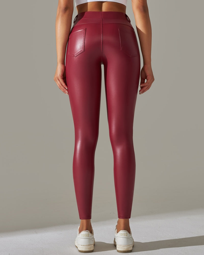 PU leather Pants High Waist Tight Sports Yoga Pants Slim  - By Qivii