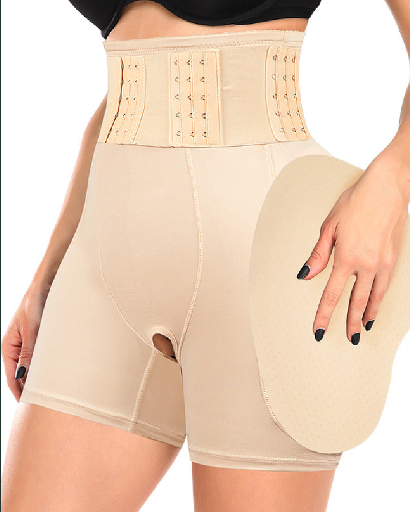 High Waist 9-row Adjustable Buckle Belt Shapewear Shorts With Sponge Pads  - By Qivii