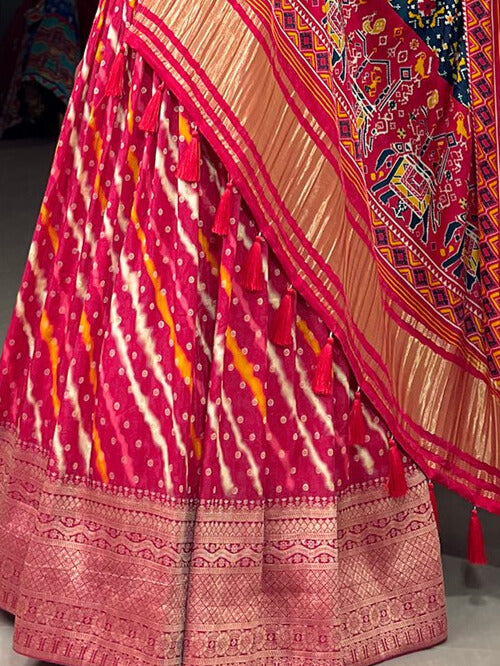 Viscose Dola Silk Printed With Zari Weaving Work Lehenga Choli in Red Color