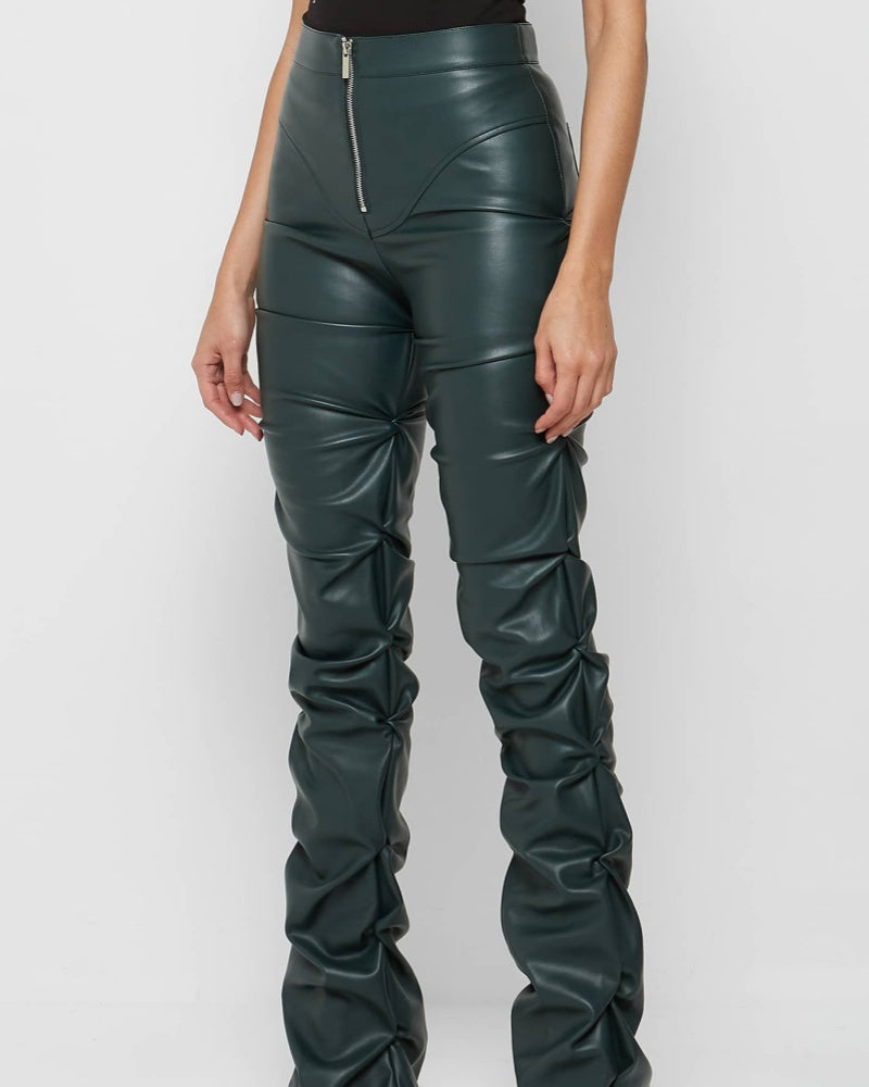 PU Leather Personalized Pleated Flared Pants  - By Qivii