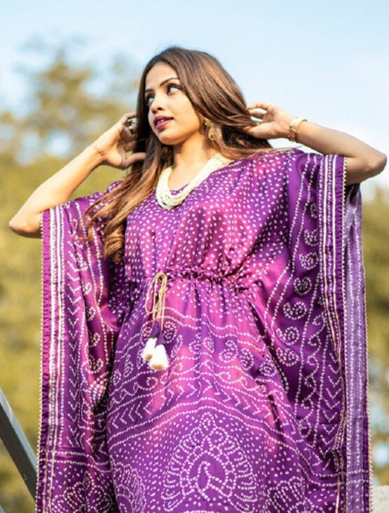 Purple Pure Gaji Silk Digital Print with Gotta Patti Lace Border also comes with tassels Kaftan Dress